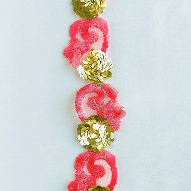 Pink Lace Trim, Deep Blush Colour Tissue Fabric Cutwork With Floral Embroidery & Gold Sequins,